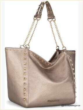Oversized Vegan Leather Tote Bag with Chain Handle Studded Hobo Shoulder Purse